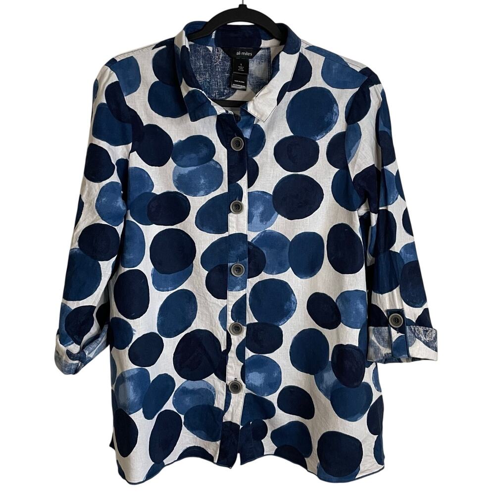 Ali Miles Linen Blend Watercolor Polka Dot Top Sz S Button Up Blouse Blue White